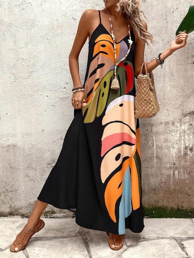 colorful leaf printed strappy maxi dress
