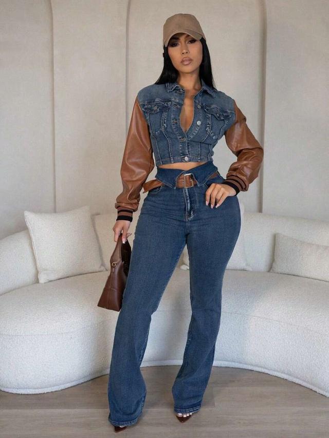 stylish denim patchwork jacket and slim-fit jeans set
