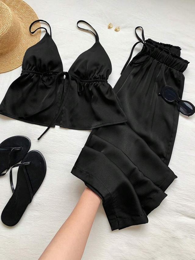 black satin camisole with tie front