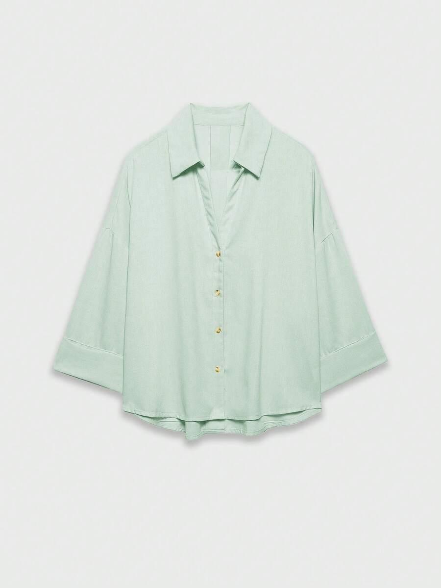 mint green casual versatile wide sleeve button-up blouse