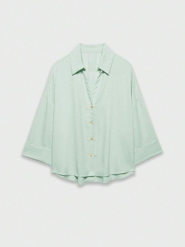 mint green casual versatile wide sleeve button-up blouse