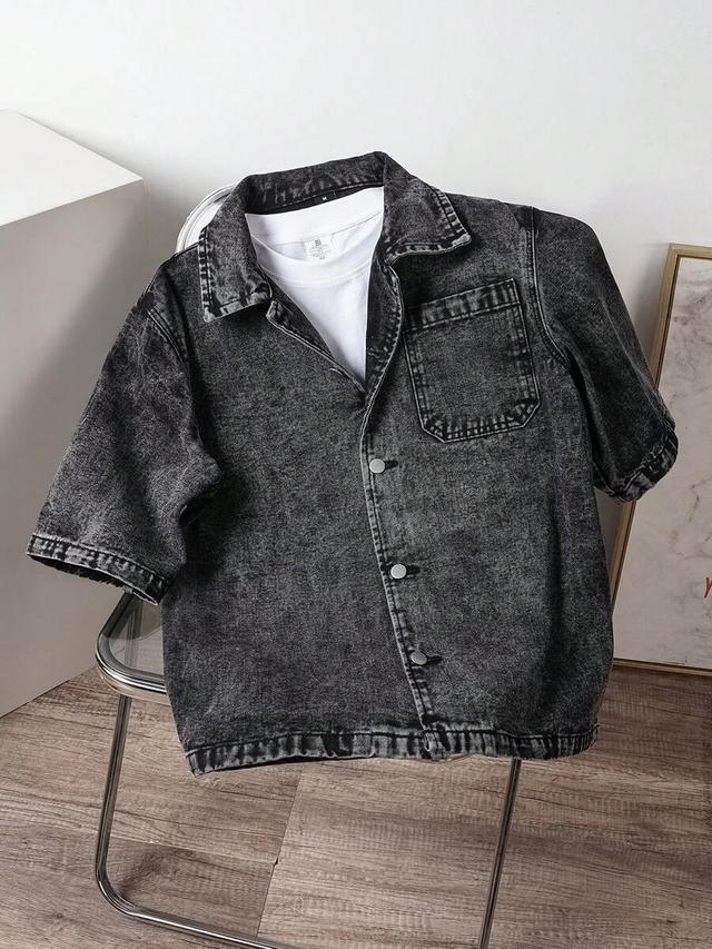 black acid wash short sleeve denim shirt