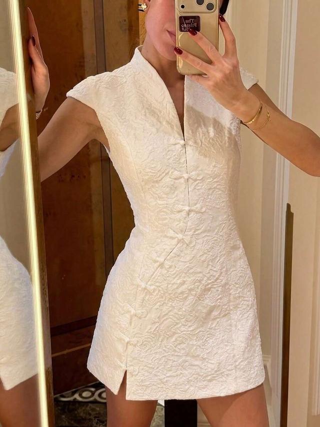 white textured cheongsam collar mini dress