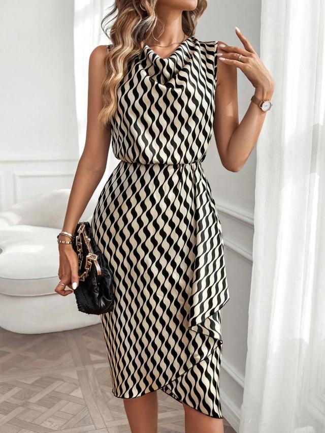 black and white wavy print cowl neck dress
