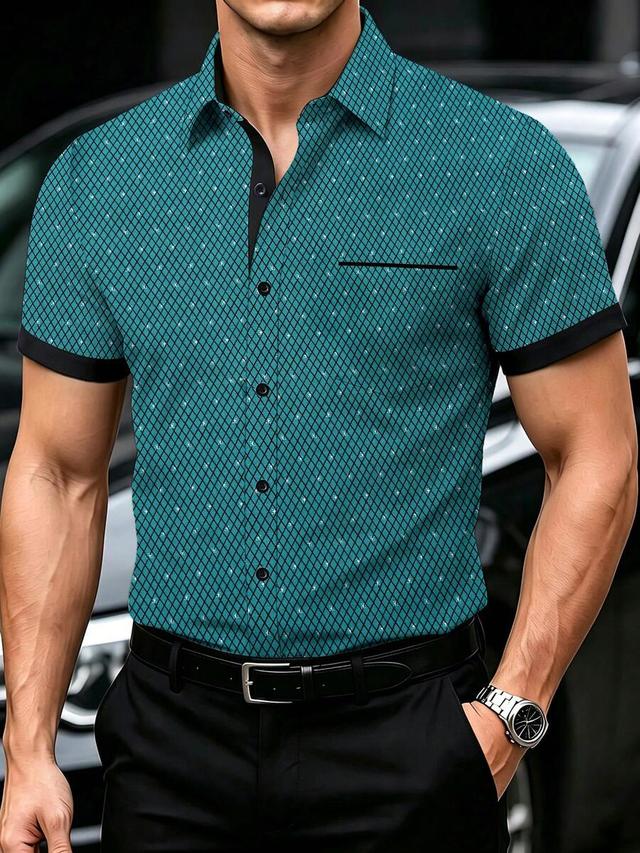 teal diamond print short sleeve button-up shirt