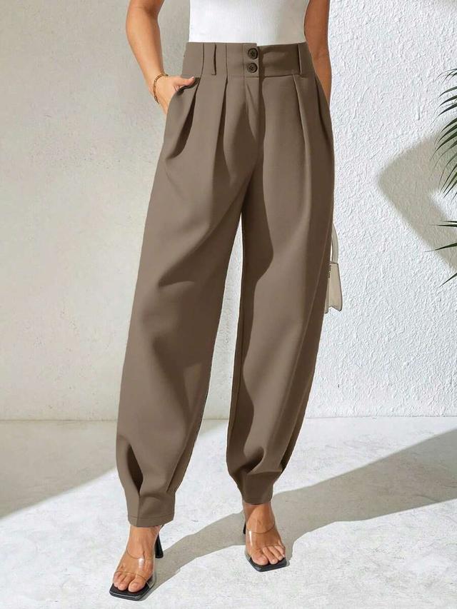taupe high waist pleated straight leg trousers in khaki
