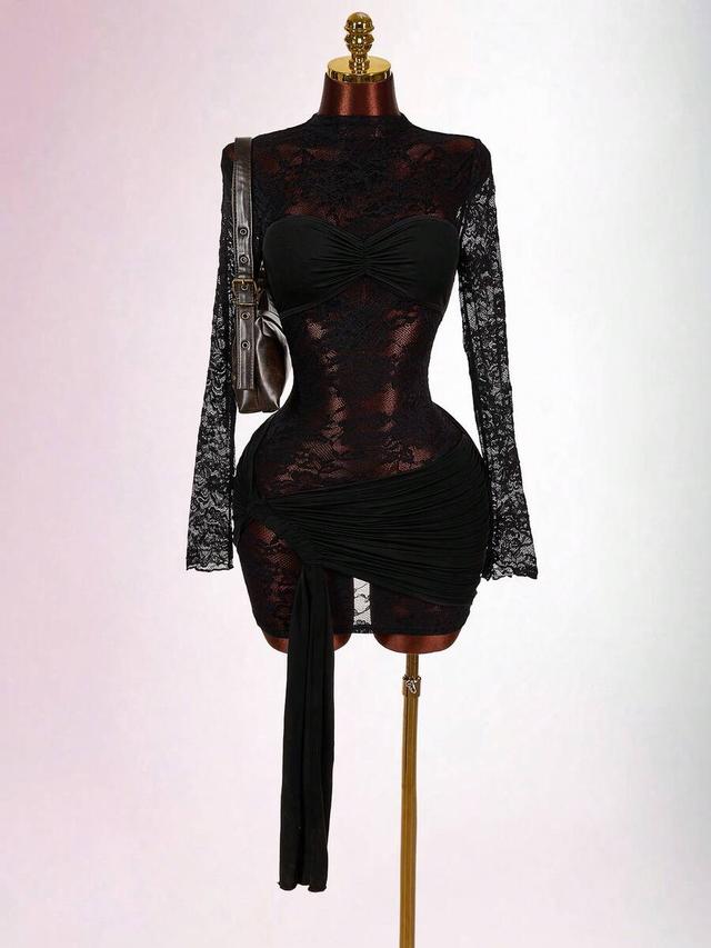 black lace long sleeve mini bodycon dress