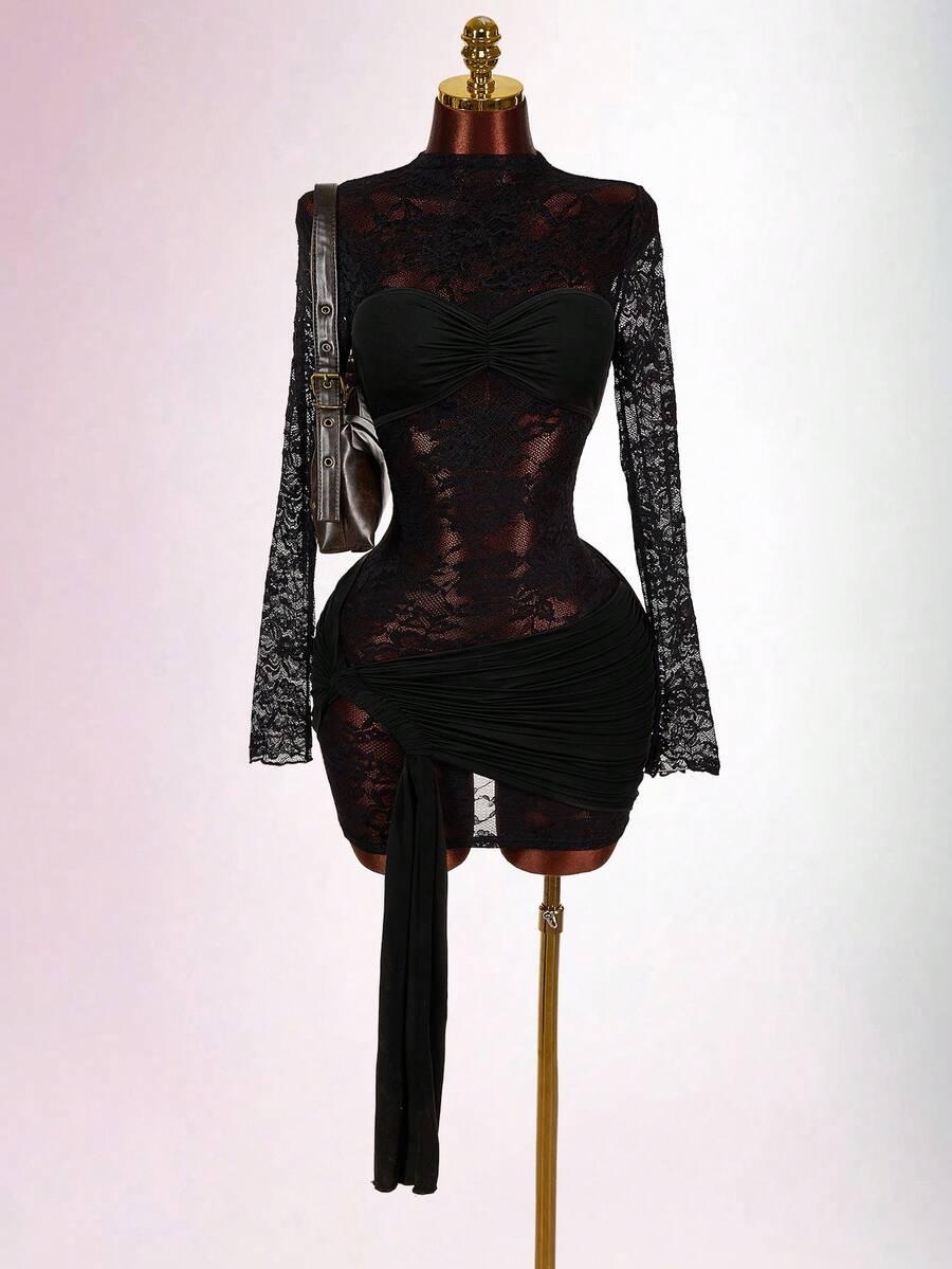 black lace long sleeve mini bodycon dress