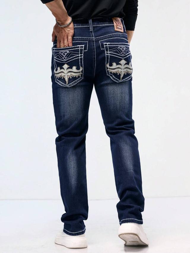 men's dark wash embroidered stitching thick denim jeans