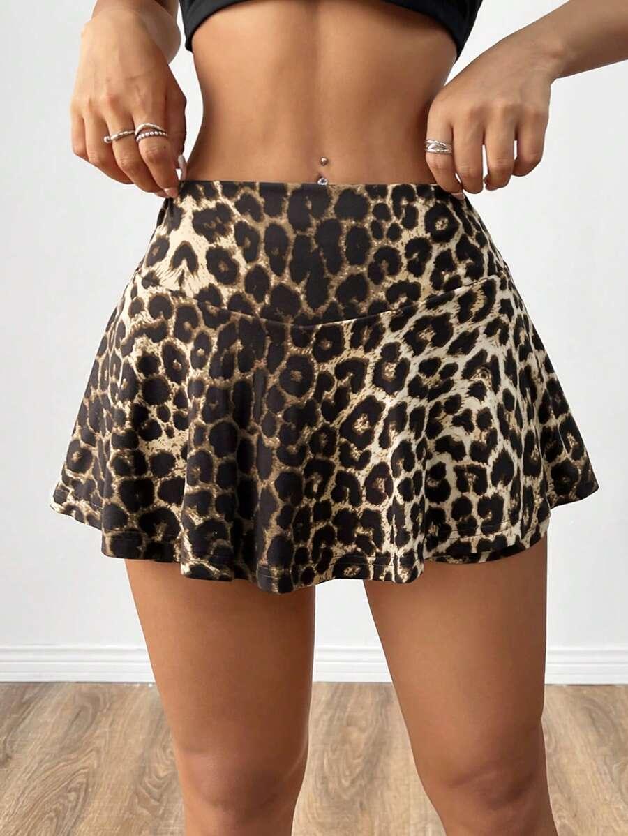 leopard print ruffled hem casual shorts