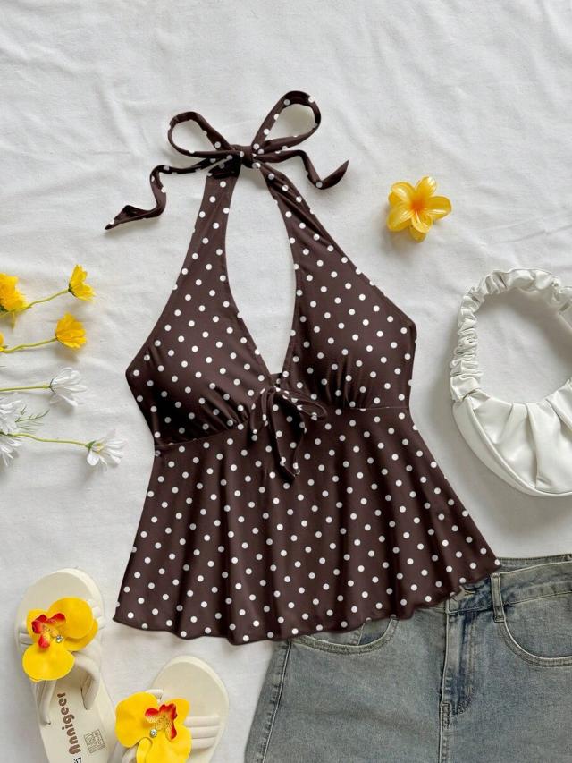 brown polka dot v-neck halter babydoll top