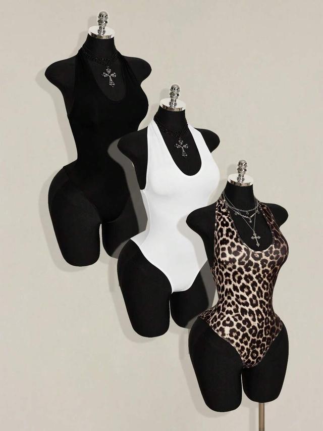 leopard print halter neck casual tank top bodysuit