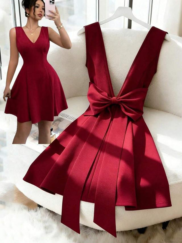 elegant burgundy v-neck backless fitted dress with bowknot