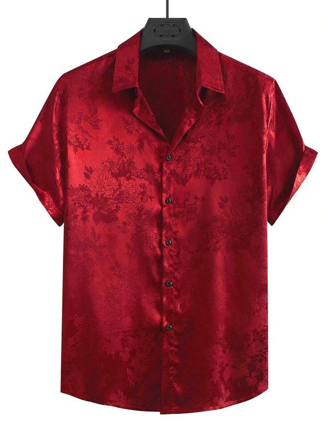 red floral jacquard button front short sleeve shirt