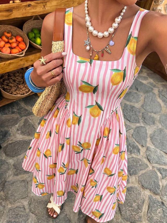 elegant resort striped colorful fruit print dress