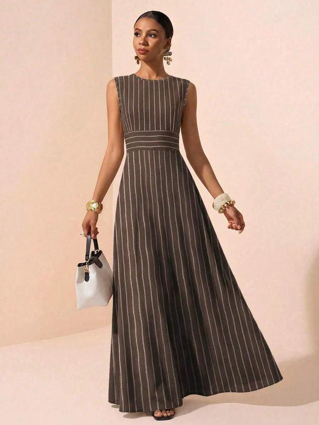 zivah brown striped sleeveless a-line long dress