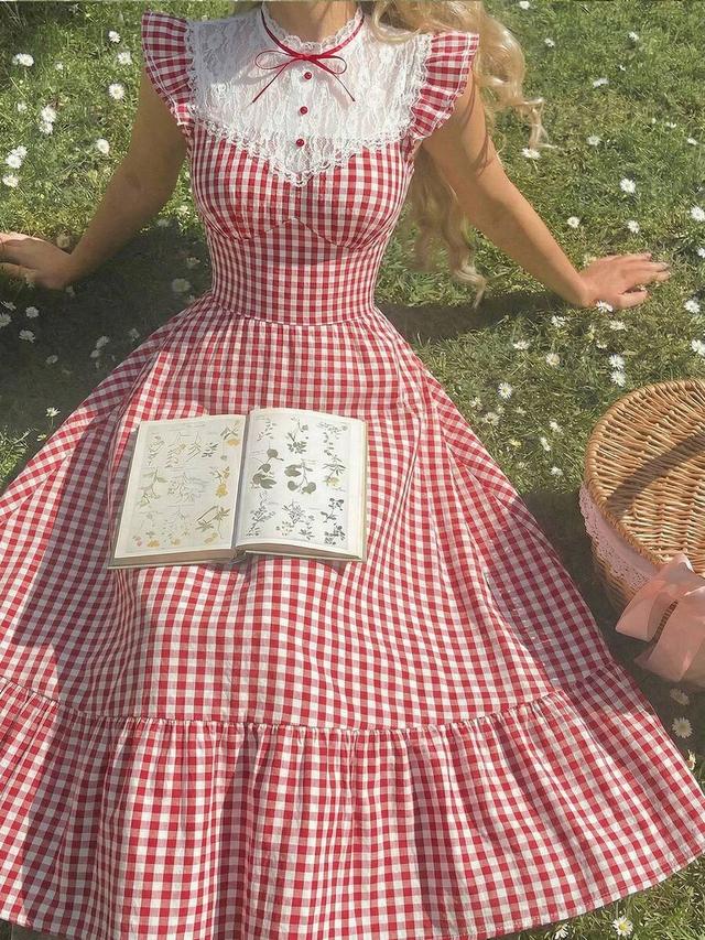 red and white plaid lace collar cottagecore dress