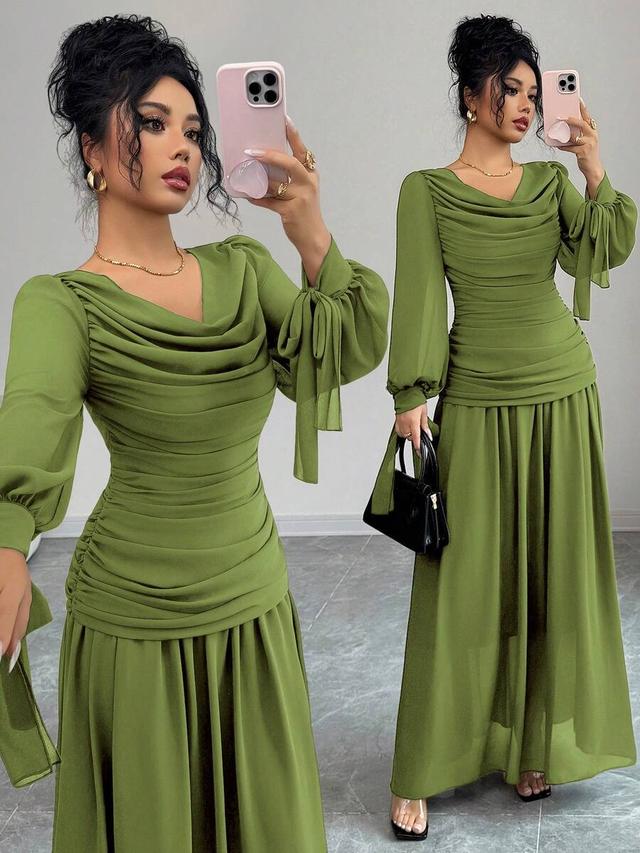 olive green chiffon lantern sleeve ruched waist dress