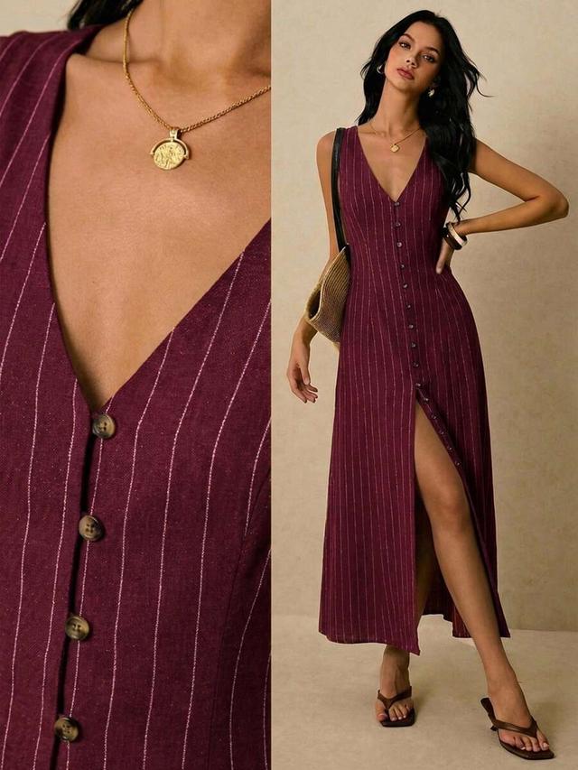 burgundy striped v-neck sleeveless button-front velvet dress