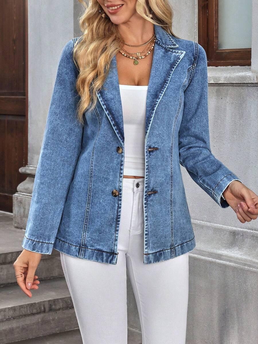 washed denim blazer jacket with notched lapels