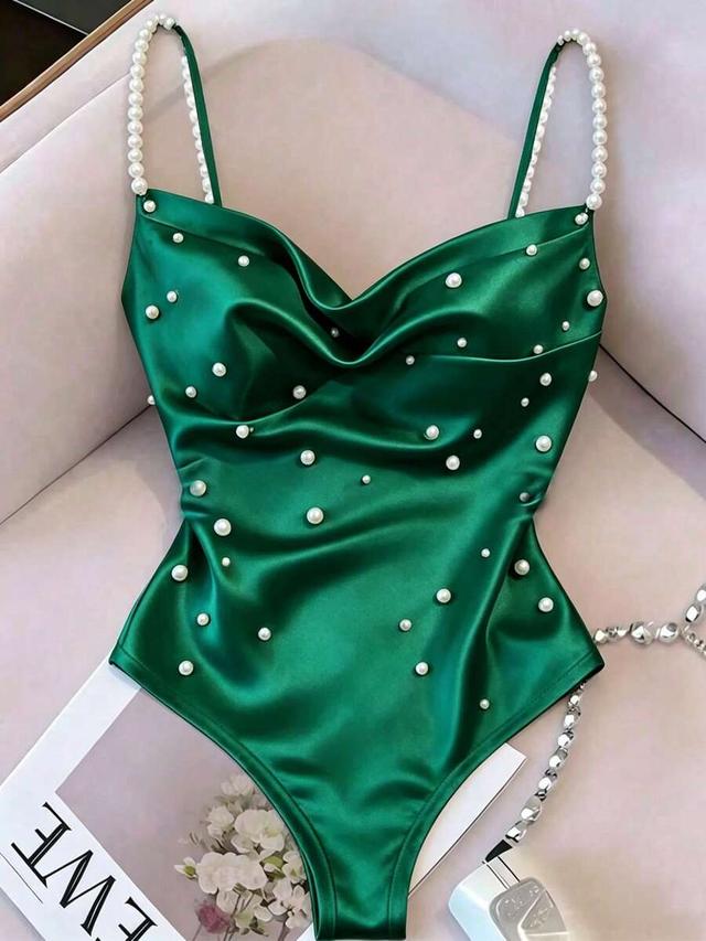 emerald green satin pearl strap bodysuit