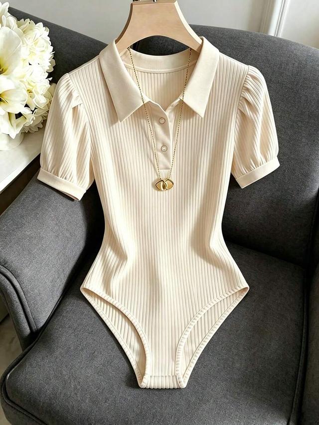 beige ribbed collared pearl button bodysuit