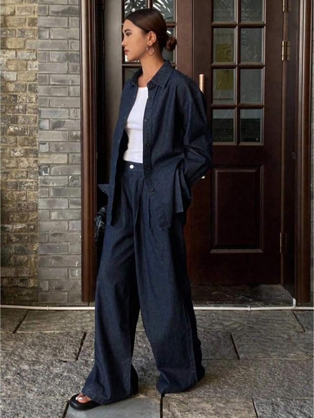 dark wash denim shirt and wide leg trousers set