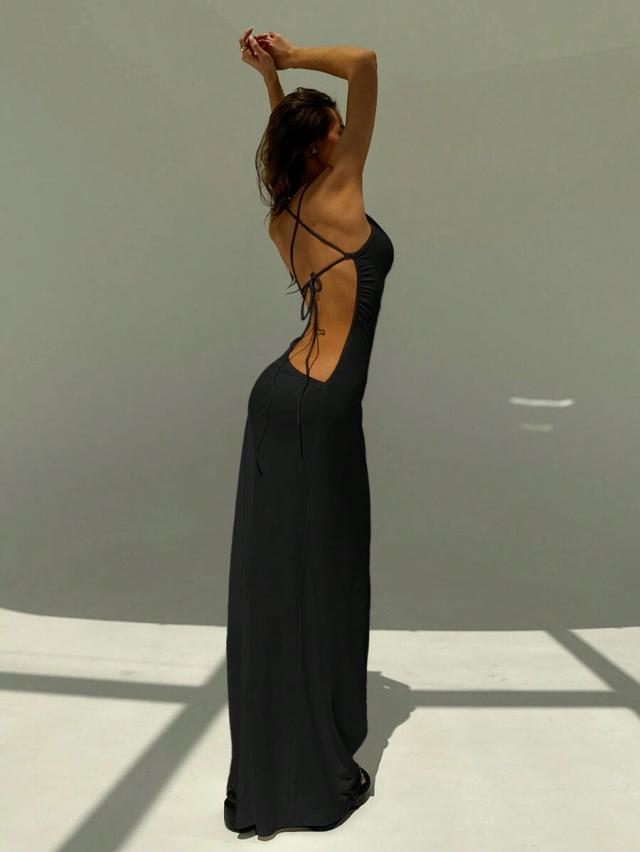 black open back maxi dress with tie straps