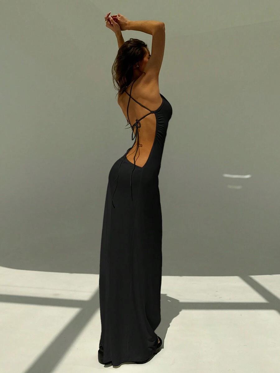 black open back maxi dress with tie straps