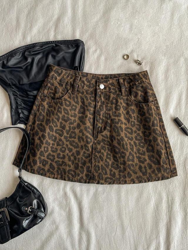 leopard print denim mini skirt