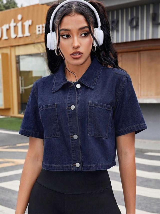 dark wash denim short sleeve button up shirt