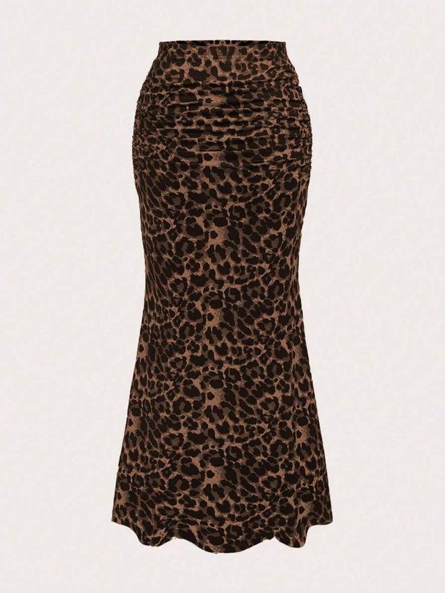 leopard print ruched mermaid hem midi skirt