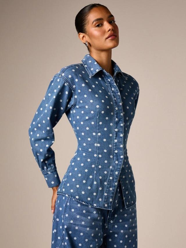 polka dot denim button-up shirt with princess seams