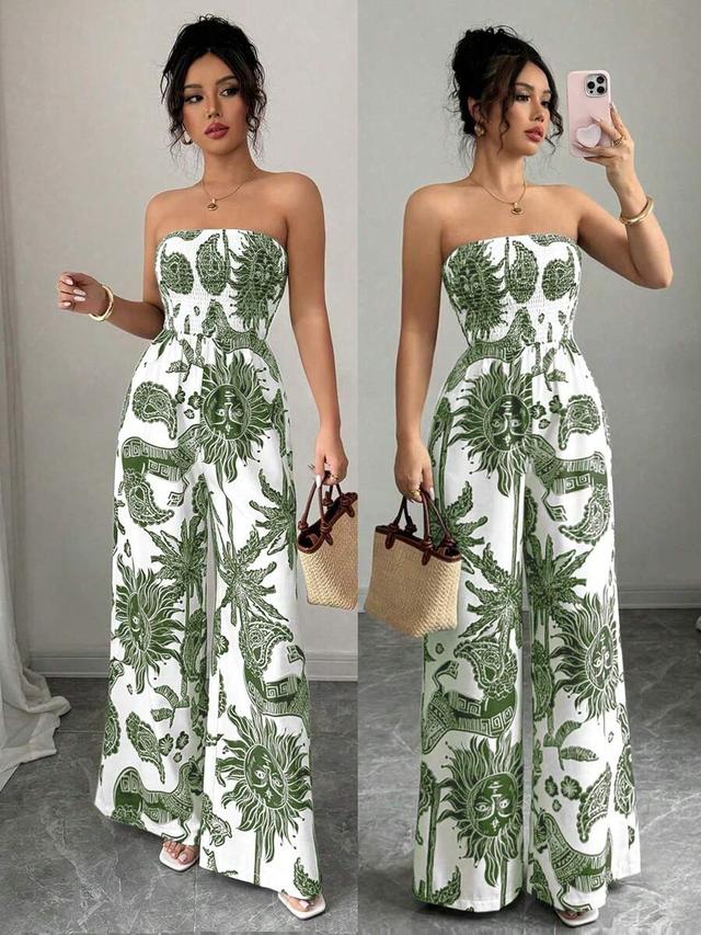 printed bandeau jumpsuit with cinched waist and wide leg