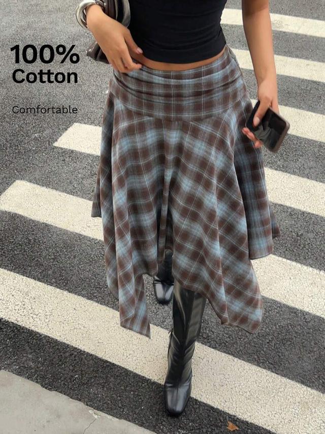 retro blue plaid cotton asymmetrical midi skirt