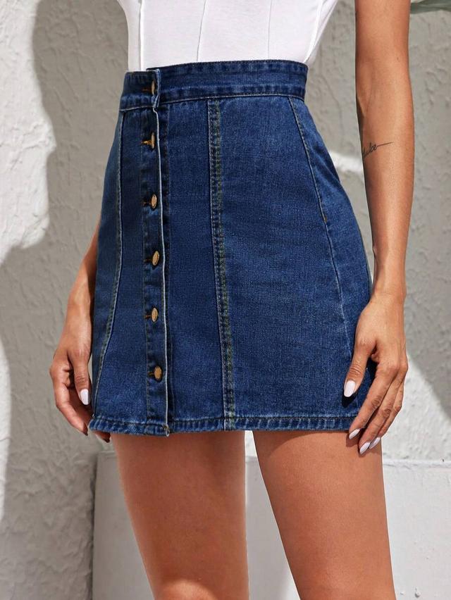 dark wash denim button-front mini skirt