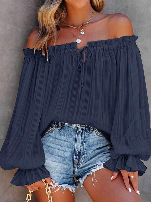 solid color pleated off-shoulder long sleeve frill top