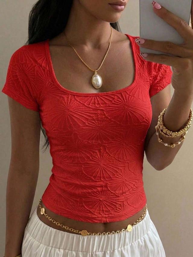 red jacquard slim fit short sleeve top