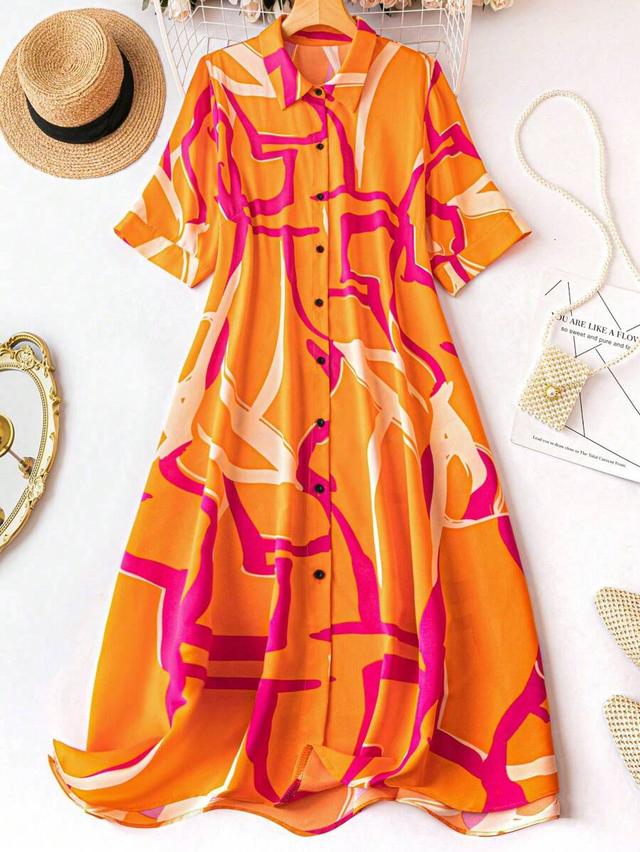 orange and pink abstract print button down shirt dress