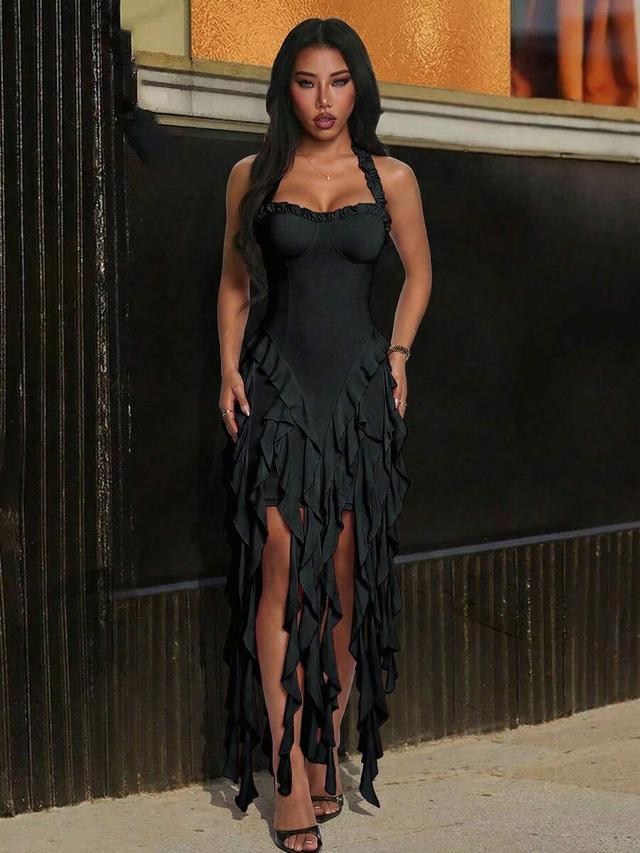 jellyfish ruffle halter sexy black party dress