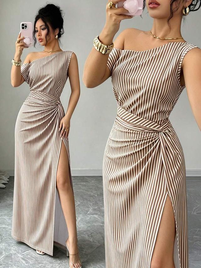 asymmetrical shoulder pleated striped waist-cinching long dress