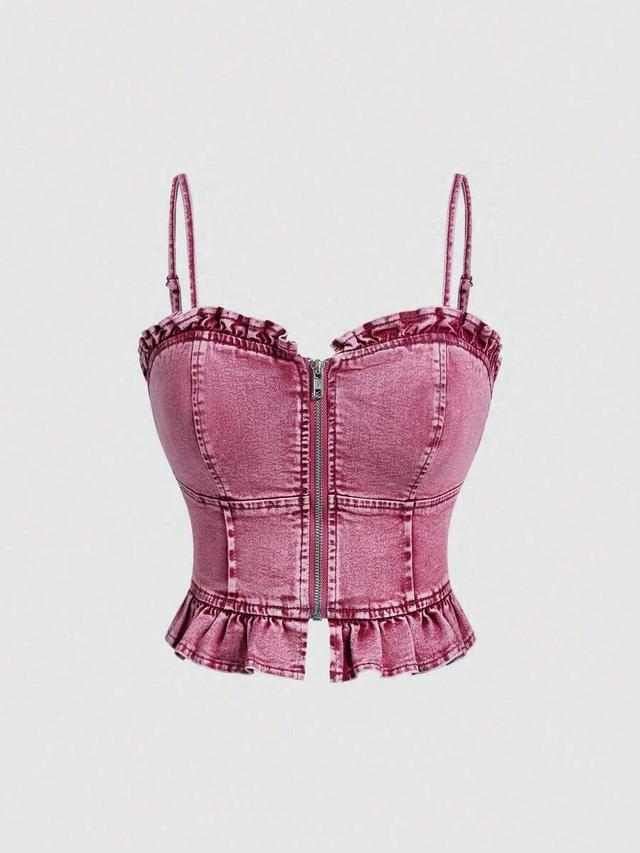 pink denim zip-front camisole with ruffled hem