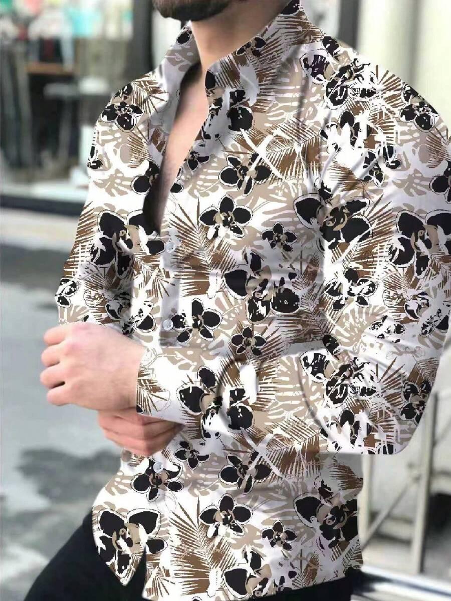 tropical print long sleeve casual vacation shirt