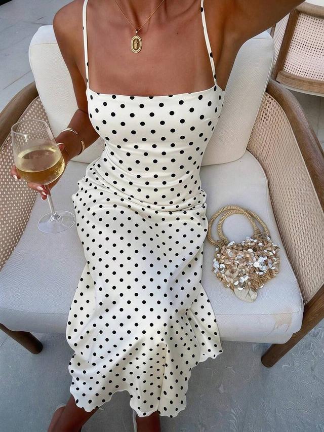 elegant white with black polka dots backless dress