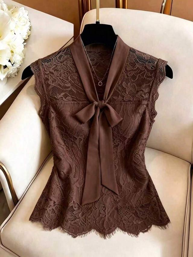 brown floral lace sleeveless camisole with bow tie