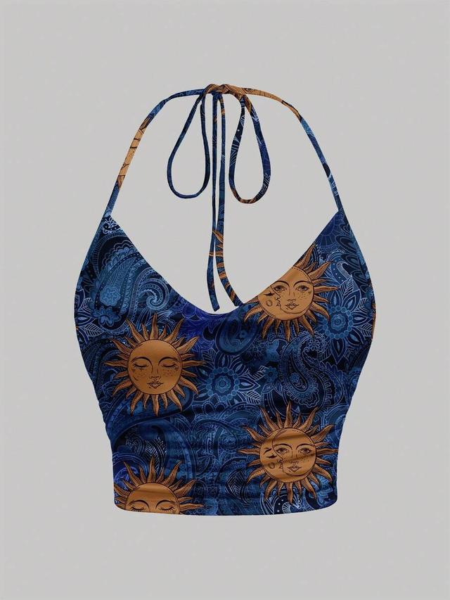sunflower pattern tie neck halter fitted top