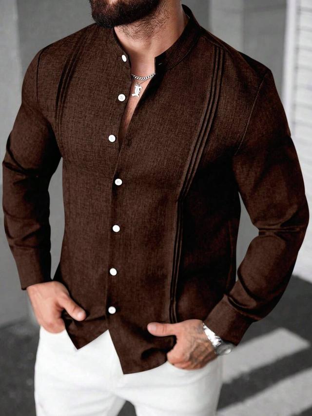 dark brown mandarin collar pleated long sleeve shirt