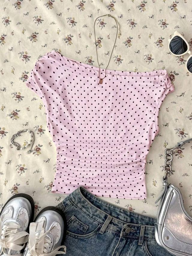 pink polka dot asymmetric ruched cropped top