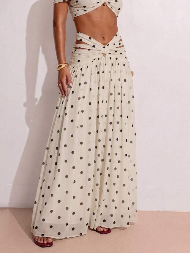 beige polka dot flowy maxi skirt