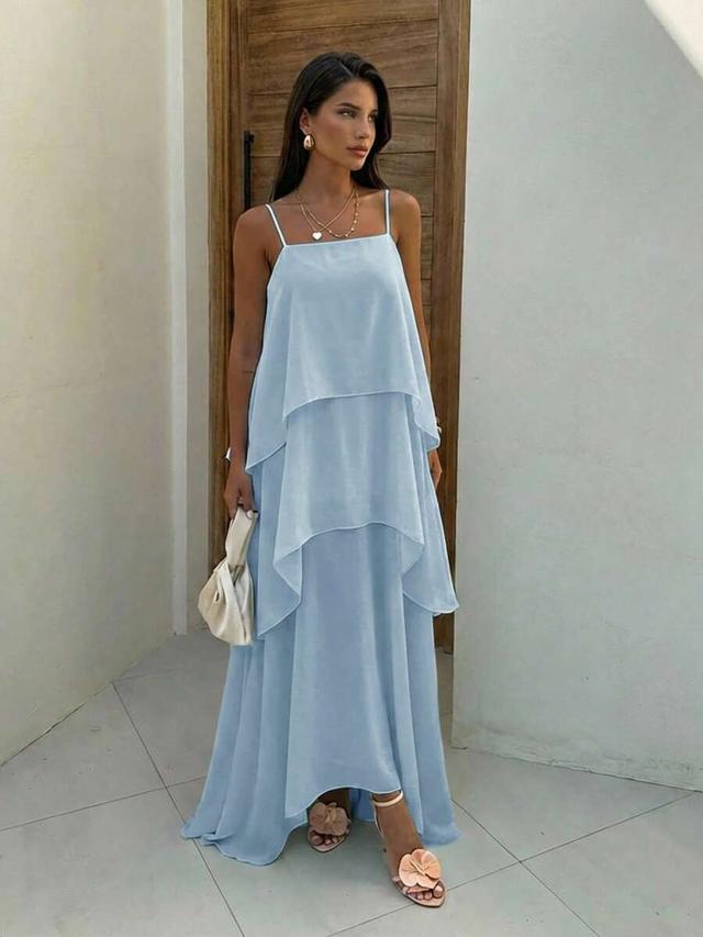 light blue layered spaghetti strap maxi dress